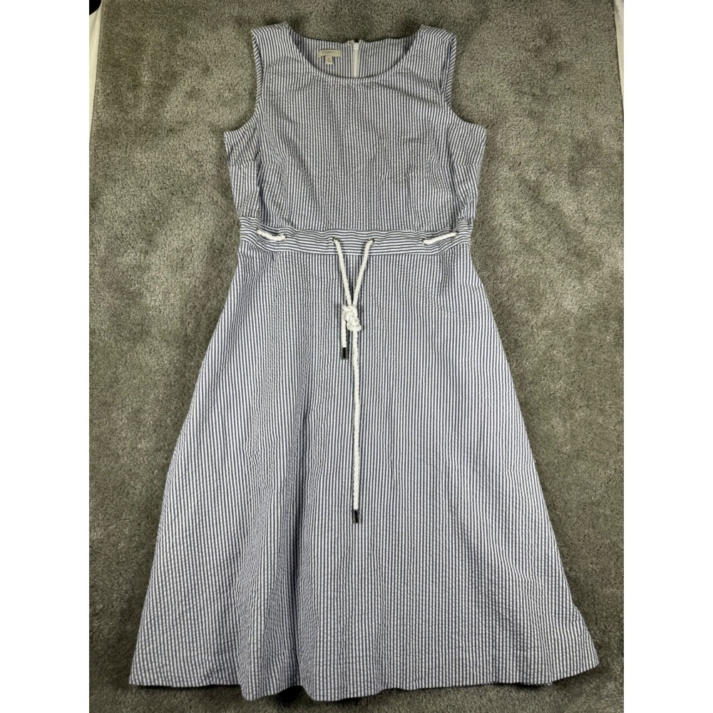 Talbots Blue White Seersucker Stripe Cotton Rope Tie Midi Dress Womens 10